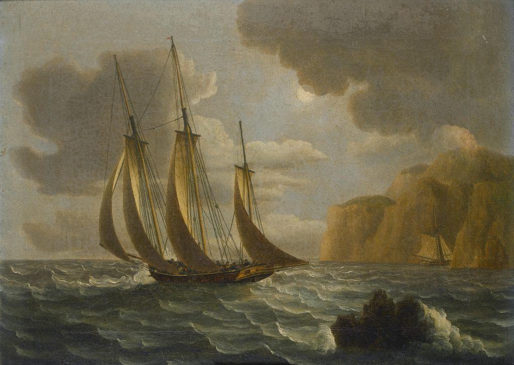 Painting of vessel in turbulent ocean cove, cornering another ship near rocky cliffs.